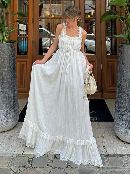 vzyzv  -  Women Elegant White Lace Patchwork Strap Maxi Dress Sexy Backless Sleeveless Loose Lace Up Dresses Female Party Evening Vestidos