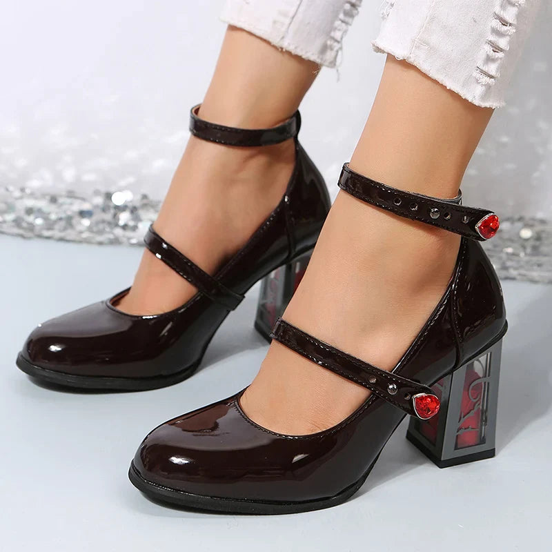 nvxiot  -  Lucyever Gothic Rose High Heels Pumps Women 2024 Fashion Patent Leather Mary Jane Shoes Woman Ankle Strap Cosplay Lolita Shoes