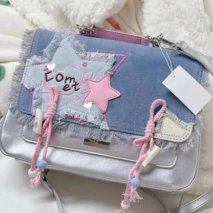 vzyzv  -  Star Patchwork Silver Backpack Korean Y2k Denim Sweet Girl Itabag Preppy Student Messenger Bag Trendy Hottie Shoulder Bag