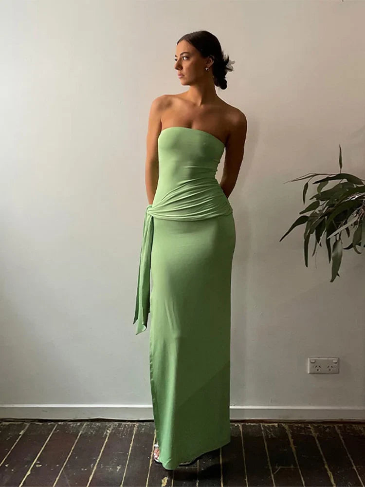 vzyzv  -  Sexy Strapless Women Bodycon Maix Dress Elegant Backless Sleeveless Pleated Knot Dresses  Summer Lady Party Club Solid Robes