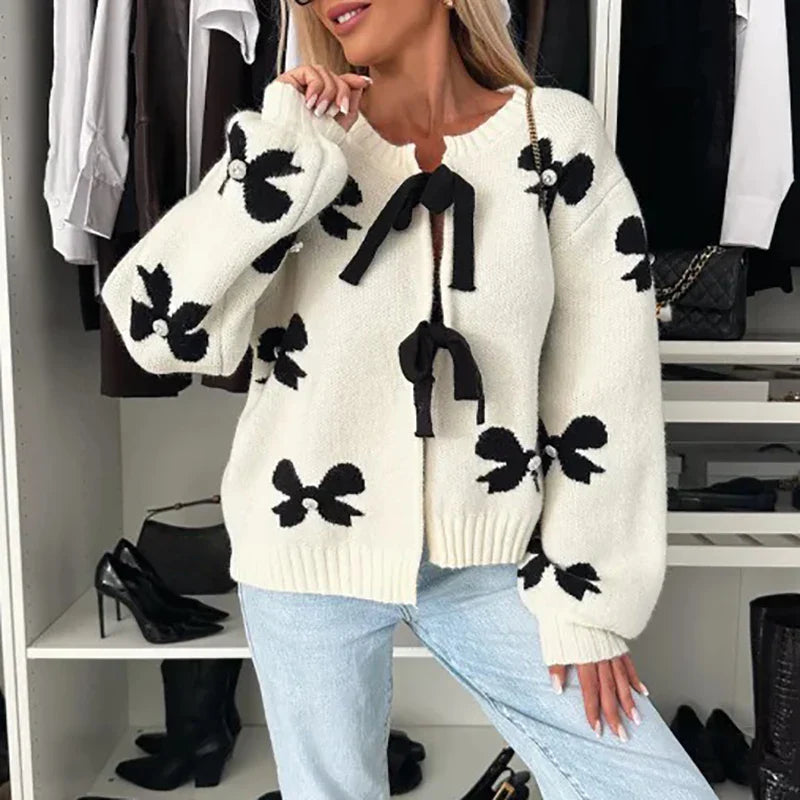 vzyzv  -  Lady Elegant Long Sleeve Commuter Sweater New Winter Fashion Butterfly Knot Printed Sweater Casual O Neck Lace Up Loose Cardigan