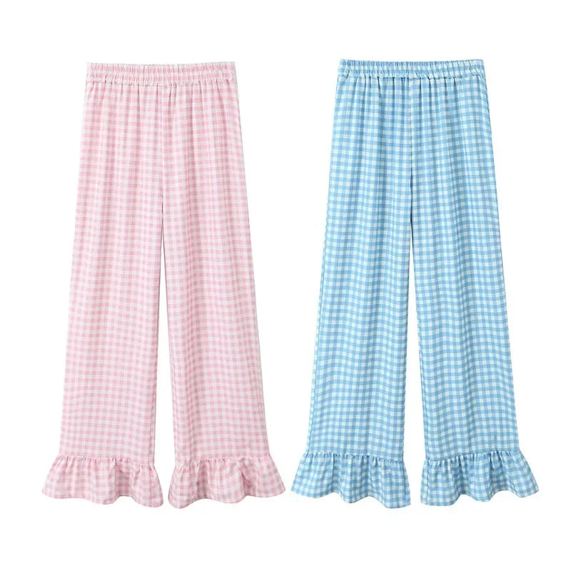 vzyzv  -  Korean Fashion Ruffles Pants Summer New Women Clothing Retro Sweet Plaid Printed Pants High Waist Micro-Raise Casual Trousers