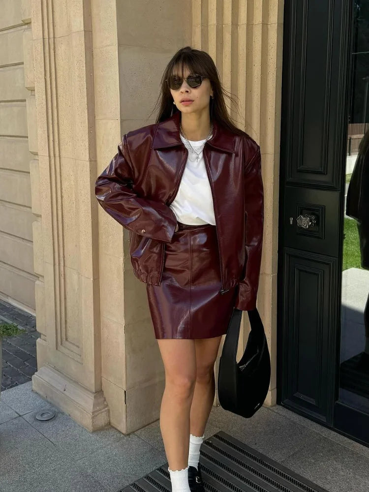 vzyzv  -  Women Elegant Ancora Red Zipper Leather Jacket 2 Piece Set Fashion High Waist Solid Cropped Mini Skirt Suit Lady Streetwear