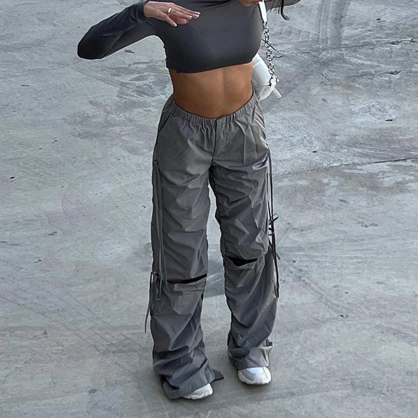 vzyzv -  Spring Summer New Women Pleated Cut Out Drawstring Cargo Pants Street Chic Hip-hop High Waist Casual Trendy baggey Trousers