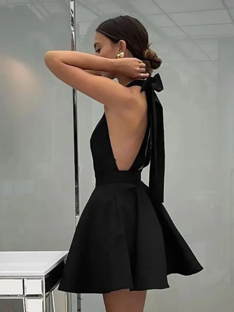 vzyzv -  Sexy Black Sleeveless Halter Neck Bandage Bowknot Short Dress Women's Summer Backless Tunics A-line Evening Party Dresses