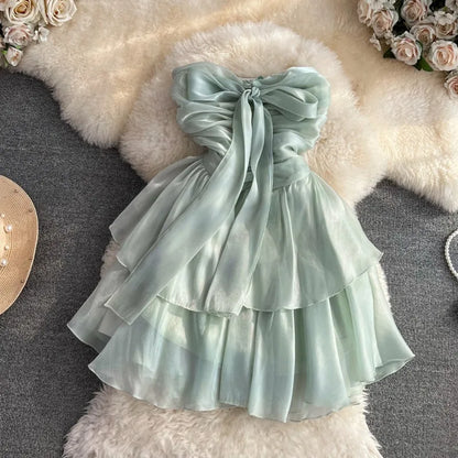 nvxiot  -   Summer French Style Bow Tie Green Dress Sexy Strapless Pleated Waist Slim A-line Cake Dress Princess Glossy Ruched Mini Dresses