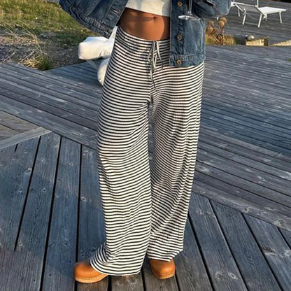 vzyzv  -  Stripe American Casual Loose Straight Pants Women's Lace-up Low Rise Wide Leg Pants Versatile Trousers Female Streetwear