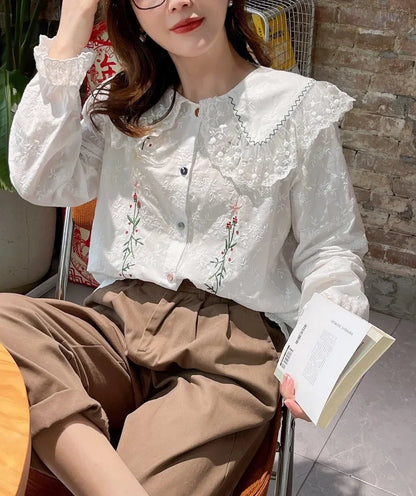 nvxiot  -   New Women Shirt Peter Pan Collar Vintage Style Basic Shirts Petal Sleeve Embroidery Boho Blusas Mujer Cotton Shirts Top