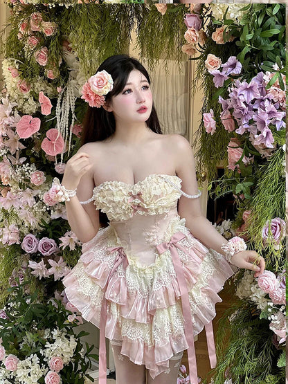 vzyzv -  Fairy Spring and Summer Lace Romantic Atmosphere Slimming Dress Pink Apricot Ruffled Tube Top Mini Princess Dresses for Party