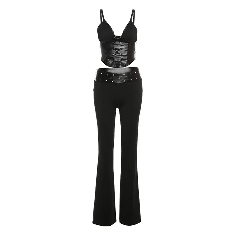 vzyzv  -  Black Slim Fit Trousers Set Camisole Off Back V Neck Lace Spliced Asymmetrical Top High Waist Micro Raging Pants Suit