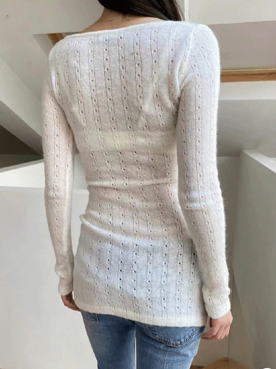 vzyzv - Hollow Out Knitted Slim Long Sleeve Tee Women, Autumn Y2K Preppy Scoop Neck Beige Top