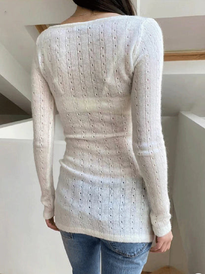 vzyzv - Hollow Out Knitted Slim Long Sleeve Tee Women, Autumn Y2K Preppy Scoop Neck Beige Top