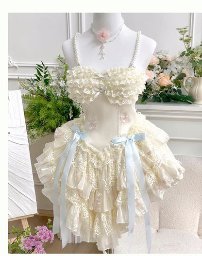 vzyzv -  Fairy Spring and Summer Lace Romantic Atmosphere Slimming Dress Pink Apricot Ruffled Tube Top Mini Princess Dresses for Party