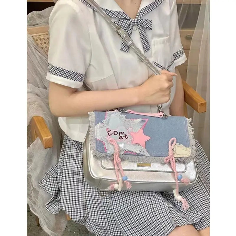 vzyzv  -  Star Patchwork Silver Backpack Korean Y2k Denim Sweet Girl Itabag Preppy Student Messenger Bag Trendy Hottie Shoulder Bag