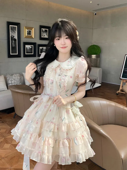 vzyzv  -  Sweet Elegant Lolita Mini Dress Women Summer Short Puff Sleeve Dollr Collar Fairy Dress Girls Y2k Korean Floral Dresses