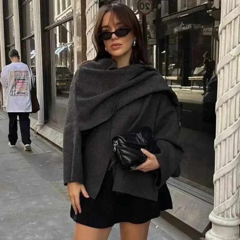 vzyzv  -  Fashion Asymmetric Scarf Knitted Jacket Women O Neck Single Button Side Slit Solid Loose Coat Winter New Female Chic Outerwear