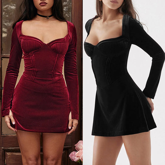 vzyzv  -  Women Corset Short Dress Chic Velvet Pleated Mini Dress Solid Color Pullover Slim Fit Homecoming Dress