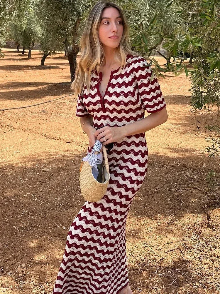 vzyzv  -  Knitted Striped Long Dress For Women Elegant Hollow Out V-neck Chic Contrast Color Long Dresses Slim Short Sleeve Lady Vestidos