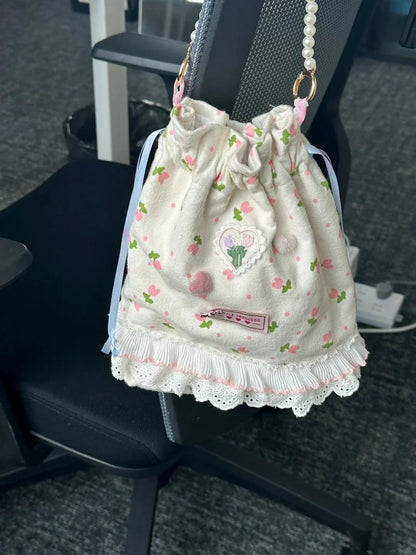 vzyzv  -  Korean Sweet Lace Floral Pearl Drawstring Handbag Bags 2024 Women Commute Bucket  Bag