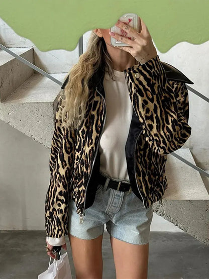 vzyzv  -  Women's Casual Leopard Printed Leather Lapel Patchwork Jacket Chic Zipper Long Sleeve Short Slim Coat 2024 Lady High Streetwear