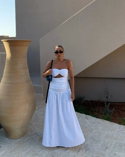 vzyzv -  Sexy Hollow Pleated Backless Corset Maxi Dress Women Off Shoulder Solid Fashion Slim Dresses 2024 Summer Chic New Beach Robes