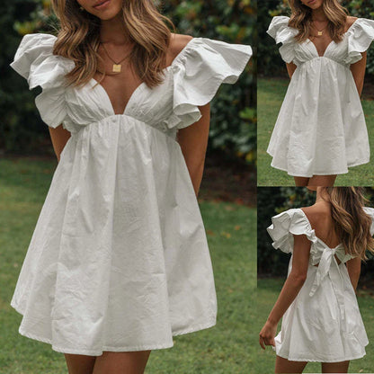 vzyzv  -  Hot Sale Brand New Dress Female Ruffled Sleeves Short Sundress Summer Beach Beachwear Cute Sweet Daily Holiday