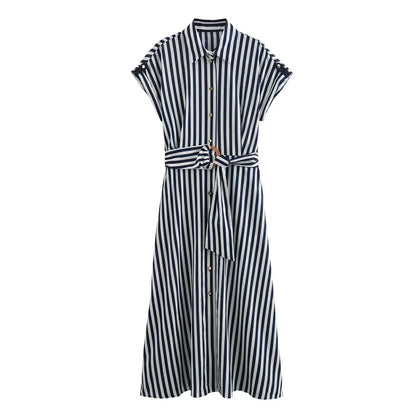 New Striped Elegant Long Dress Women Single Breasted Lace-up Short Sleeve Midi Dresses  Summer Casual Fashion Lady Vestidos