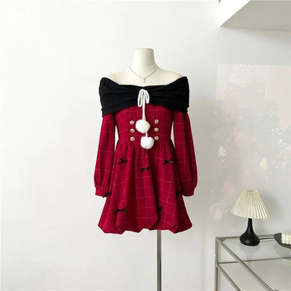 vzyzv  -  Y2K Christmas Red Elegant Party Dress Women Casual Sweet Plaid Bow Dresses Female Korean Fashion Chic Kawaii Mini Dress