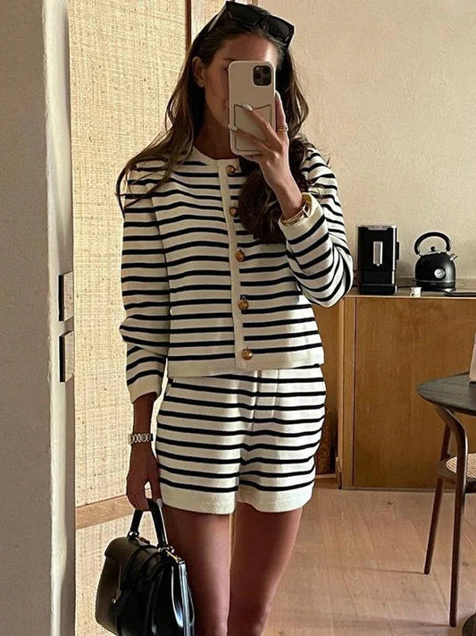 vzyzv  -  Striped Knit 2 Piece-Set Shorts Women Fashion Zebra Printed Cardigan And High Waist Patchwork Shorts Sets Knitwear Outfits