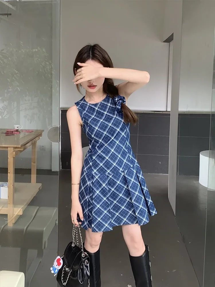 vzyzv  -  Vintage Blue Plaid Sleeveless Dress Low Wasit Mini Pleated Dresses for Women Summer Korean Fashion Retro Slim Clothes