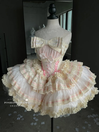 vzyzv -  New 2024 Spring Summer Lolita Sweet Girl Women's Strapless Princess Dress Big Bow Lace Ruffled Pettiskirt Mini Party Dresses