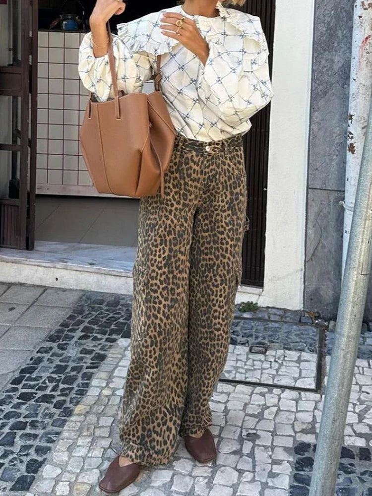 vzyzv  -  Fashion Leopard Printed Long Pants Women 2024 Spring Summer Slim Pocket High-waist Casual Straight-pants Female Commuter Clothes