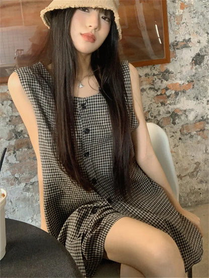 vzyzv  -  Minimalist Women Two Pieces Suits Chic Office Lady Vest Coats Plaid Wide Leg Shorts Loose Work Wear Elegant Set