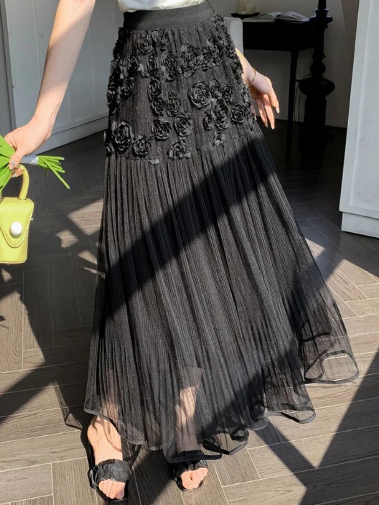 vzyzv -  Midi Long Skirt Women Mesh Skirt 2024 Goth Sweet Spring Summer High Waisted  A-Line Solid Floral Pleated Skirts rok