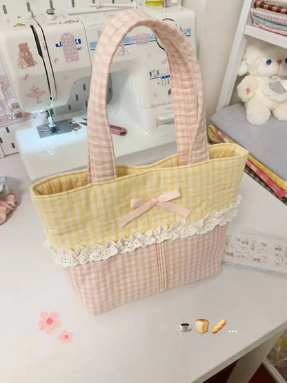 vzyzv  -   Spring New Small Yellow Grid Colored Lace Sweet Cute Handbag Causal Korean Chic Shoulder Underarm Tote Bags