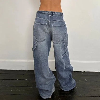 vzyzv  -  Retro Street Style Wide Leg Jeans Women Bleached Ripped Hole Loose Denim Pants Casual Do Old Oversized Trousers Pockets