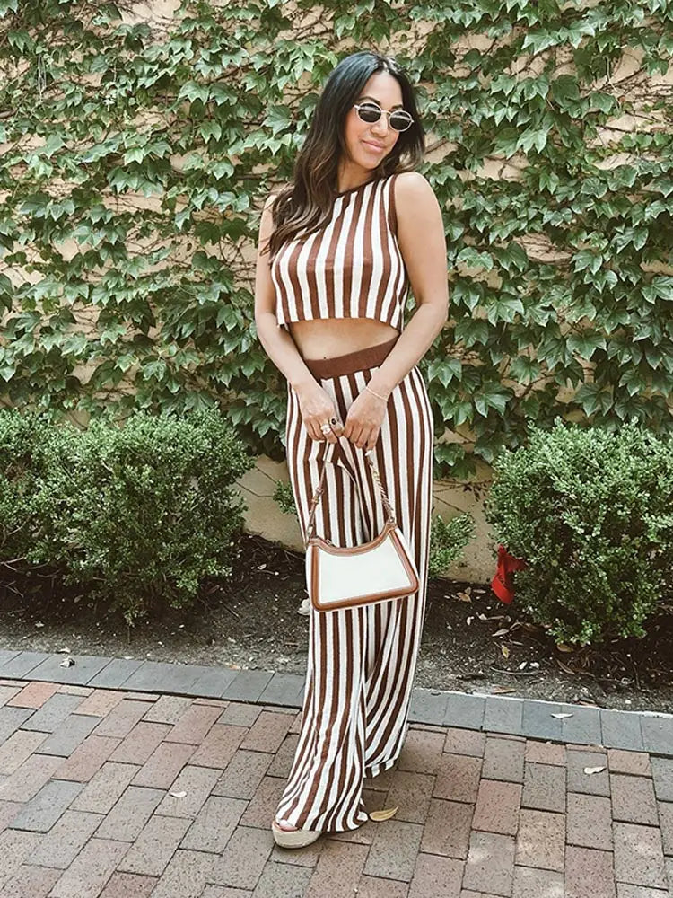 vzyzv  -  Fashion Striped Printed Sleeveless Women Tops Suits Casual O Neck Straight Pants Sets 2024 New Chic Female Office Outfits