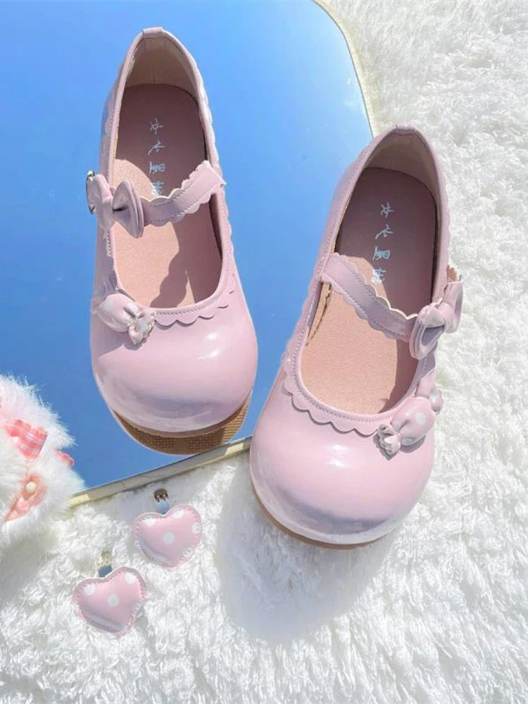 nvxiot  -  Japanese Kawaii Mary Janes Shoes Women Heart-shaped Sweet Lolita Flats Shoes Ladies Shallow Bow Chic Casual Shoes 2024 Summer