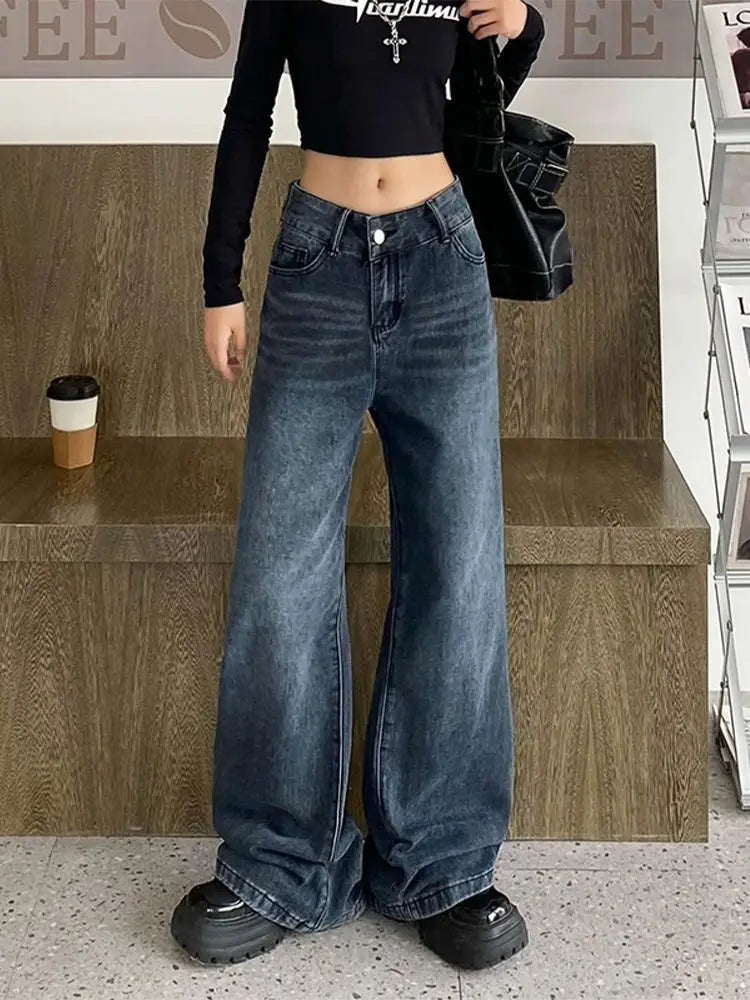 vzyzv  -  Vintage Blue Jeans Women Streetwear Casual Baggy Pants Wide Leg Korean Fashion Basic Denim Trousers High Street