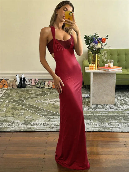 vzyzv  -  Summer Backless Slim Long Dress Women's Fashion  Bandage Square Collar Elegant Party Dress Ladies Solid Maxi Dress New