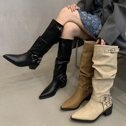 vzyzv  -  Winter Western Cowboy Boots Women Fashion Slip On Long Boots Female Elegant Square Heel Women's Knight Botties