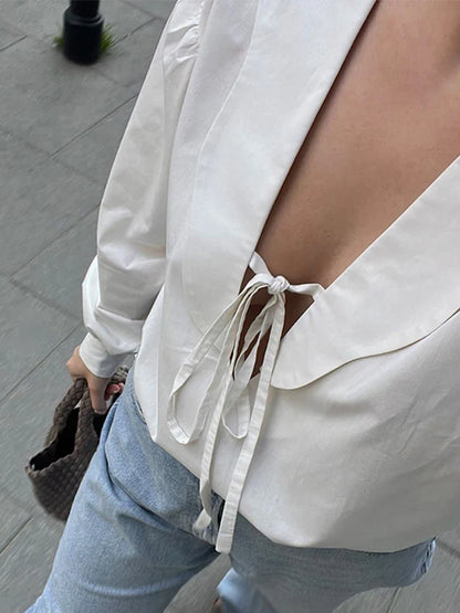 vzyzv  -  Sweet Bow Lace-up Women's Blouse Solid Loose Wavy Deep V-neck Puff Long Sleeve Tops  Spring Summer Elegant Female Blouses