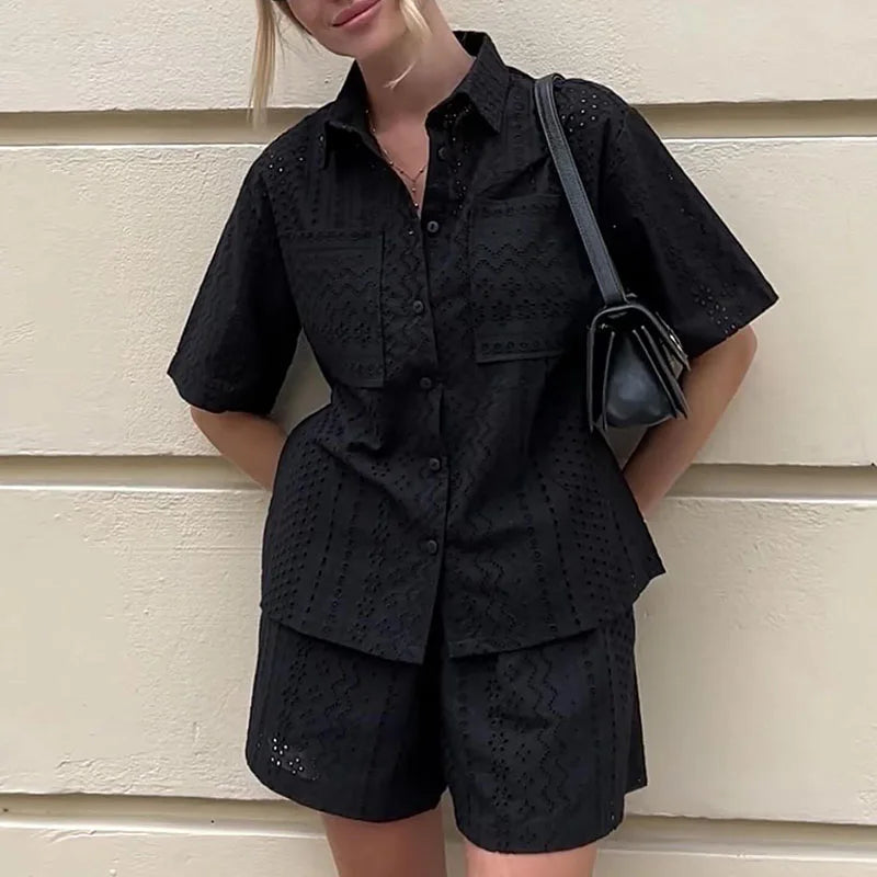 nvxiot  -  Fashion Lace Hollow Out Women Two Piece Sets Casual Lapel Button Shirt and Shorts Suit Elegant Solid Color Pockets Summer Outfit