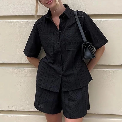 nvxiot  -  Fashion Lace Hollow Out Women Two Piece Sets Casual Lapel Button Shirt and Shorts Suit Elegant Solid Color Pockets Summer Outfit