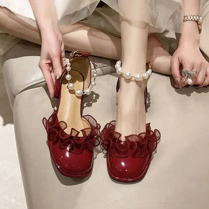 vzyzv -  Thick Heel Sandals Women's Summer New Pearl Button Soft Mary Jane Evening Style Single Shoe Women leather shoe 5cm red