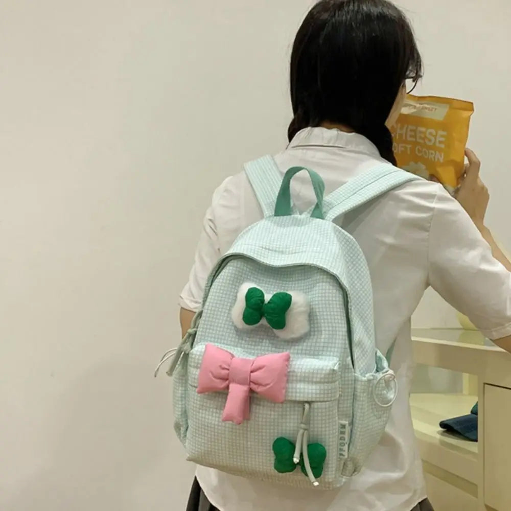 vzyzv  -  Large Capacity Cute Bowknot Backpack Solid Color Korean Style Nylon Student School Bag Lattice Lightweight