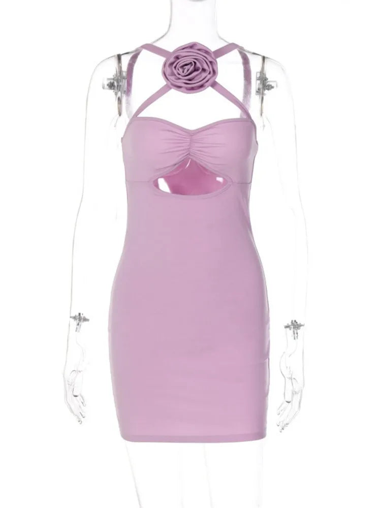 vzyzv  -  Women's Hollow Out Mini Dress, Sleeveless Bodycon Dress, One Piece Outfits, Light Purple Clothes, Sexy Flower, Y2k