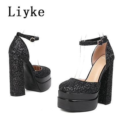 TAVIMART  -  New Fashion Glitter Sequined Cloth Women Pumps Platform Chunky High Heels Sexy Party Wedding Banquet Shoes Size