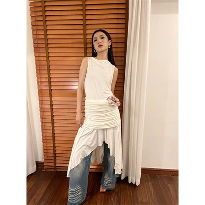 vzyzv  -  Women White Sleeveless A-line Dress Y2k 90s Korean Vintage Harajuku Evening Dress Party Club One Piece Frocks 2000s Clothes 2024