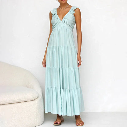 vzyzv  -  Summer Solid Casual Long Dress Women  New V Neck Sleeveless Elegant Beach Holiday Dresses Women Simple Fashion Vestidos Lady